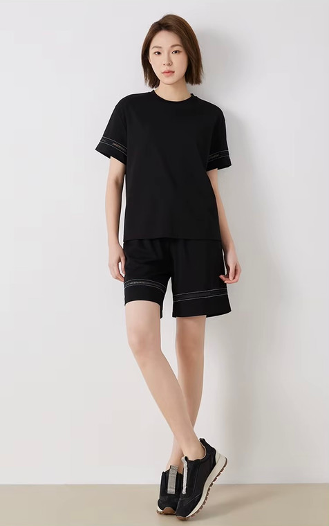Women’s woman womens petite-, tall-, plus-, size Vacation holiday getaway Comfortable Elastic Mid-rise Waist drawstring drawcord Strap Solid Color Mixed Cotton hollow-out Shorts in black