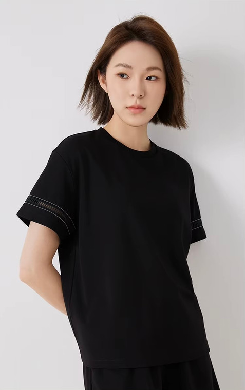 Women’s woman womens petite-, tall-, plus-, size Light Luxury High-Quality Cotton Blend Round O-neck Crewneck Short-Sleeves with hollow-out cuff T-Shirt Pullover Style tops Tees  T-shirts in black