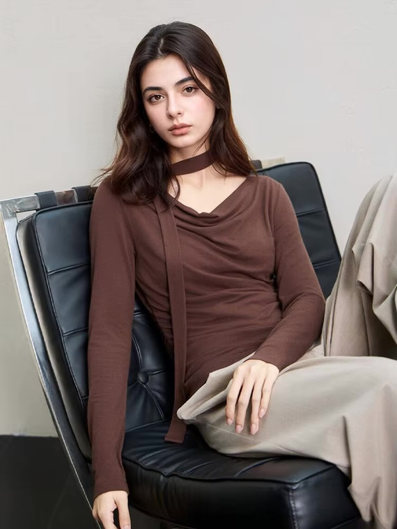 Women’s woman womens petite-, tall-, plus-, size Wool Cotton Blend, Dropped Collar, Elegant Ribbon long sleeves scoop neck T-Shirt, Tee, Spring Summer holiday vacation getaway Solid Chic Tops, T-Shirts in Brown