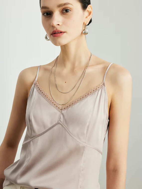 Women’s woman womens tall-, plus-, size  Solid, 90% Real Silk, Lace V neck, Sleeveless Chic Silk Camis T-Shirt, Spring Summer vacation holiday getaway Camisole Tops in Cameo