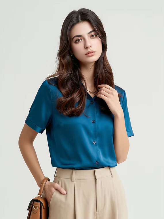Women’s woman womens petite-, tall-, plus-, size Summer solid color Mulberry Silk short sleeves luxury plain blouse casual wfh commute workwear Shirt Tops in Malachite Blue