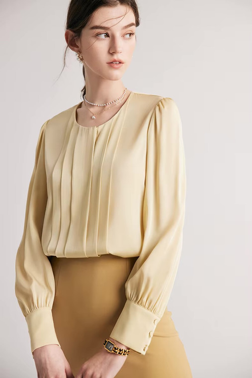 Mulberry Silk, Long Sleeves, pleated round O-neck crewneck Chic Champagne Blouses, Spring Summer wfh Office commute workwear Lady pleats Tops