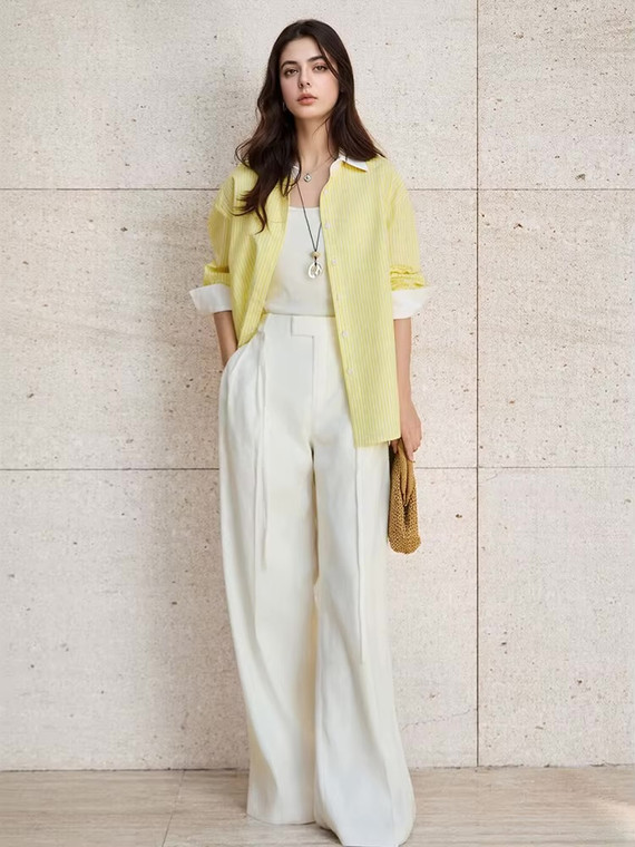 Women’s woman womens petite-, tall-, plus-, size Summer solid stripes color 100% cotton long sleeves with contrast color wide cuffs, striped turn-down collar blouse casual wfh commute workwear Shirt Tops Shirts in light yellow with white