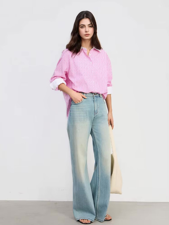 Women’s woman womens petite-, tall-, plus-, size Summer solid stripes color 100% cotton long sleeves with contrast color wide cuffs, striped turn-down collar blouse casual wfh commute workwear Shirt Tops Shirts in Fuchsia Pink, with white