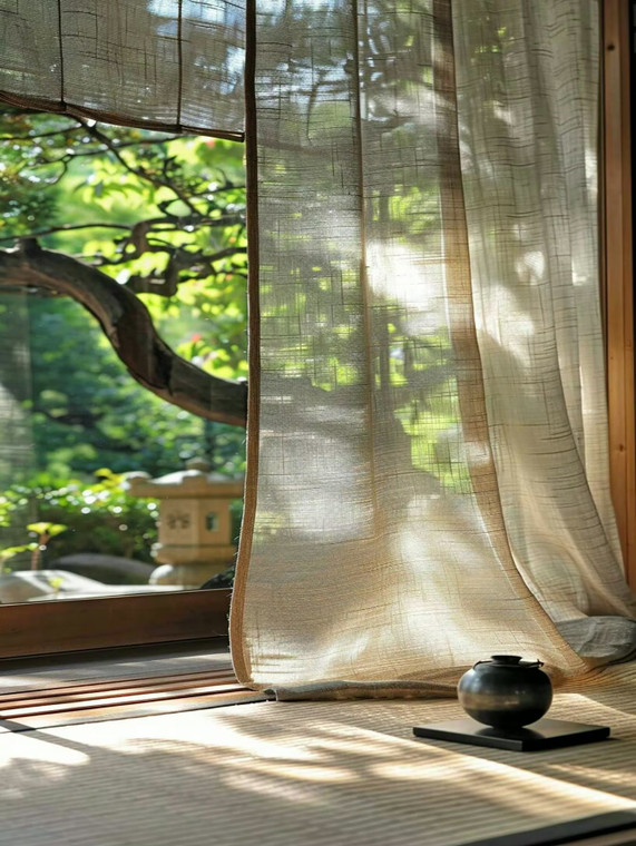 Office home vacation beach property patio gazebo boho bohemian high quality Korean style ready made Linen voile sheer fabric curtain window panel drape curtains in khaki light brown with Grommet, Velcro, Rod pocket, Hooks tape hanging types