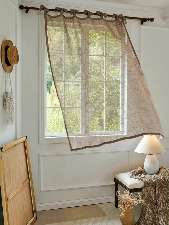 Office home vacation beach property patio gazebo boho bohemian high quality Japanese style ready made Linen voile sheer fabric curtain window panel drape curtains in khaki brown with tag tie top