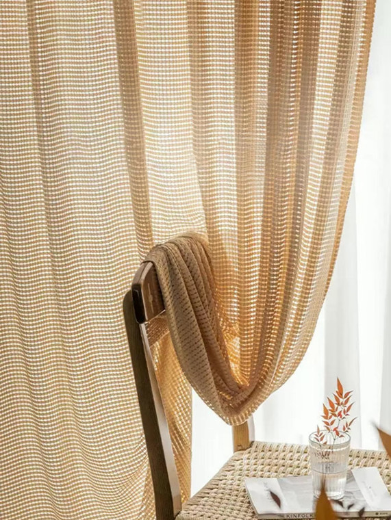 Office home vacation beach property patio gazebo boho bohemian high quality Japanese cotton and linen inset style hollowed out light luxury balcony, bedroom, window screen fabric curtain window panel drape curtains in beige brown with tag tie top