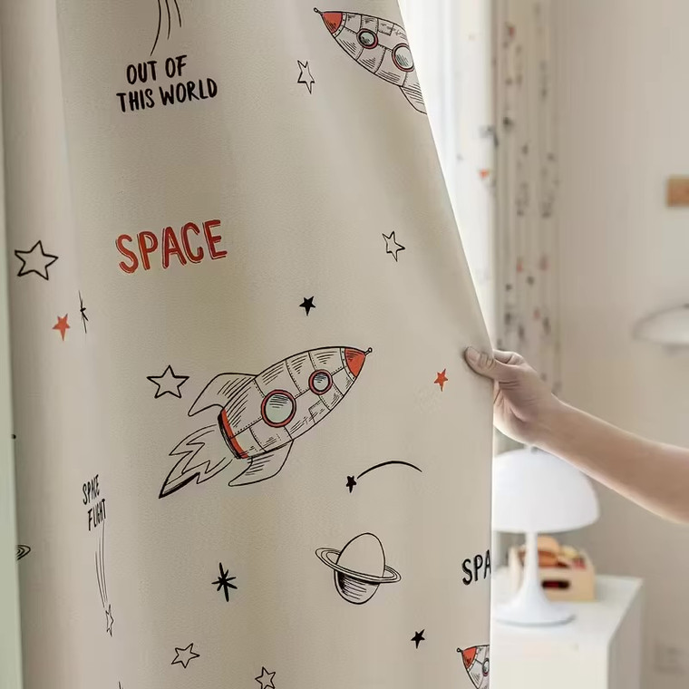 1pc Space Rocket Print Curtain, Cartoon Blackout Curtains, Suitable for Various Room Types, Decorative Window Covering window panel drape in beige multi color with Grommet, Rod pocket, Hooks tape hanging types