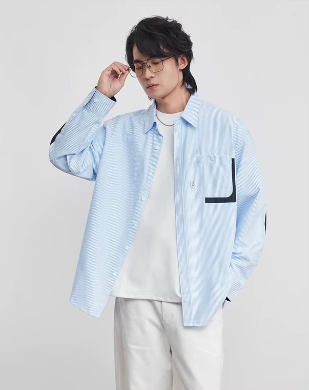 Men’s man mens petite-, tall-, plus-, size Spliced ​​chest Pocket Oxford Striped Long Sleeves with drop shoulders button up Shirt Spring Summer Lapel Loose Shirts Jacket Size M-2XL in light blue stripes