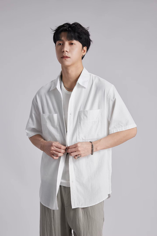Men’s man mens petite-, tall-, plus-, size 100% Cotton Double Pocket Short Sleeve Shirt Japanese Style Loose Breathable Solid Color Casual Tops in white