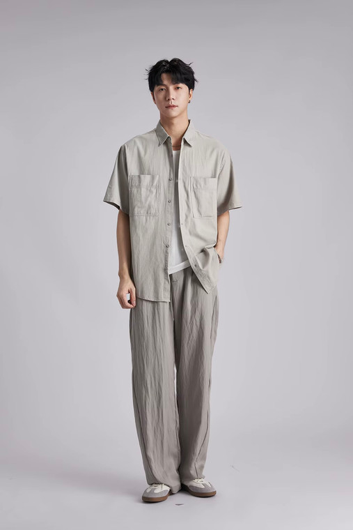 Men’s man mens petite-, tall-, plus-, size 100% Cotton Double Pocket Short Sleeve Shirt Japanese Style Loose Breathable Solid Color Casual Tops in Dark Gray grey