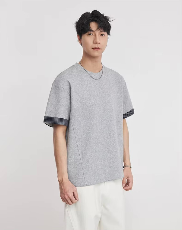 Men’s man mens petite-, tall-, plus-, size Heavyweight 260g Contrast Cuff Casual Short Sleeves with dark grey plaid band T-Shirt round O-neck Summer Crew Neck Slightly Loose Mamba Cotton Commute Fashion Top in Gray grey