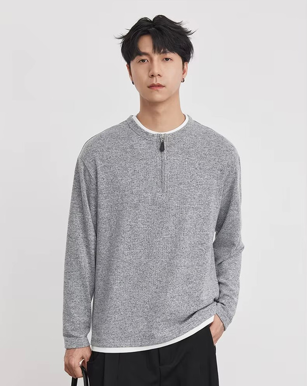 Men’s man mens petite-, tall-, plus-, size 260g Heavyweight Half Zip Fake Two-Piece Crew Neck round O-neck Henry Collar Spring Summer Fall Autumn Heather Grey Texture Soft Long Sleeve Casual Commute Fashion crewneck Top T-shirts in Gray grey with white