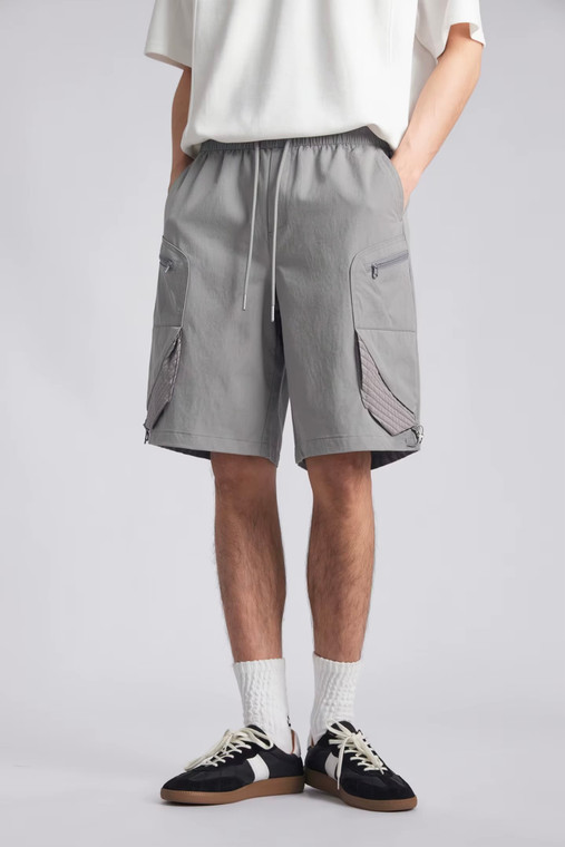 Men’s man mens petite-, tall-, plus-, size Quick Dry Breathable Outdoor Summer Loose Multi Pocket Retro Casual Commute wfh office workwear Five Points elasticated waist with drawcord drawstring mid-rise Cargo Shorts short pant in Gray grey