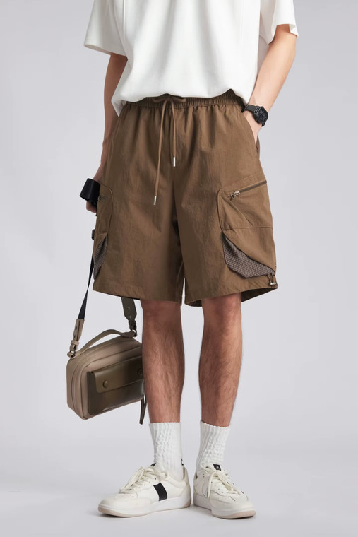 Men’s man mens petite-, tall-, plus-, size Quick Dry Breathable Outdoor Summer Loose Multi Pocket Retro Casual Commute wfh office workwear Five Points elasticated waist with drawcord drawstring mid-rise Cargo Shorts short pant in brown