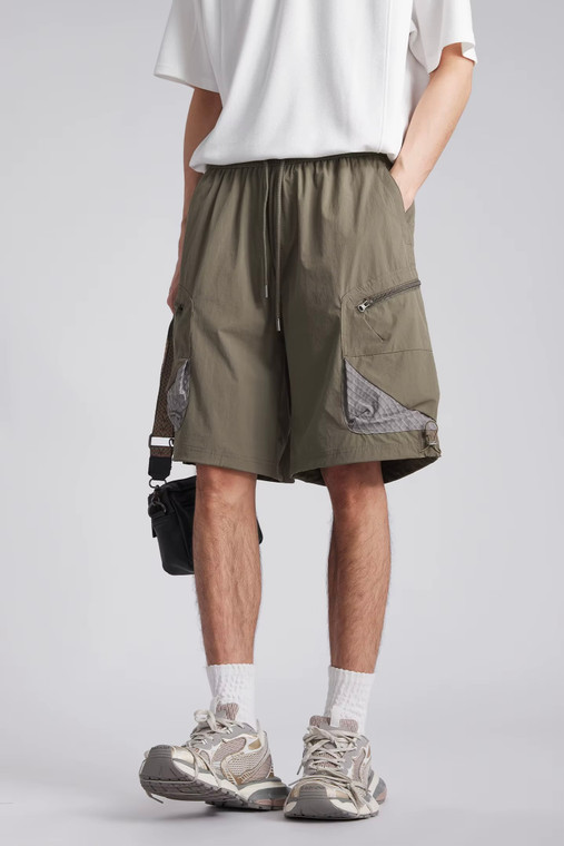Men’s man mens petite-, tall-, plus-, size Quick Dry Breathable Outdoor Summer Loose Multi Pocket Retro Casual Commute wfh office workwear Five Points elasticated waist with drawcord drawstring mid-rise Cargo Shorts short pant in army green