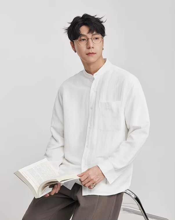 Men’s man mens petite-, tall-, plus-, size Linen Chinese Style Stand Collar Casual Shirt Spring Summer Slightly Loose Solid Color Minimalist All-match Long Sleeves Shirt Top Shirts in white