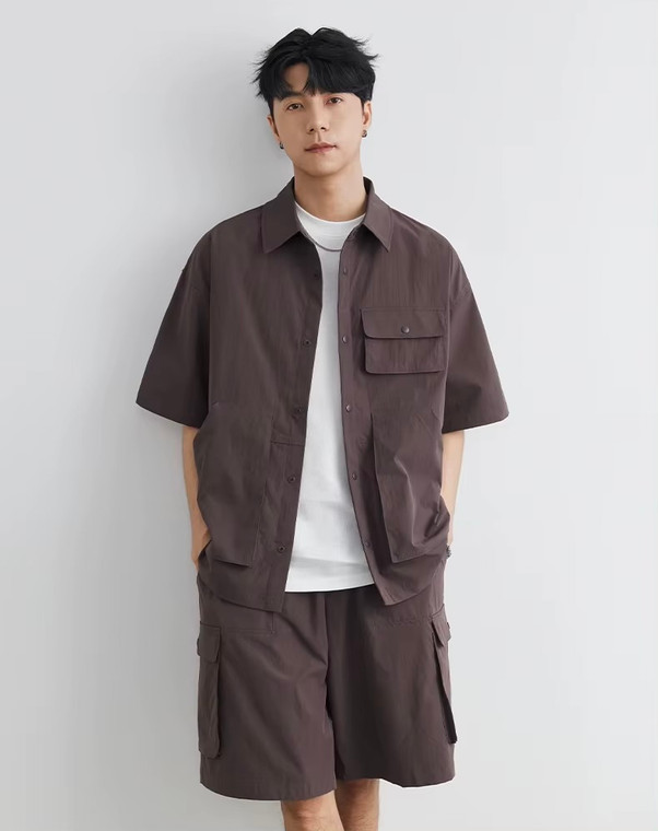 Men’s man mens petite-, tall-, plus-, size Loose Casual Short Sleeves Shorts 2 Piece Sets Suits Cityboy wfh office workwear Streetwear Fashion Daily Commute Cargo Shirt Top Shirts in wine-red