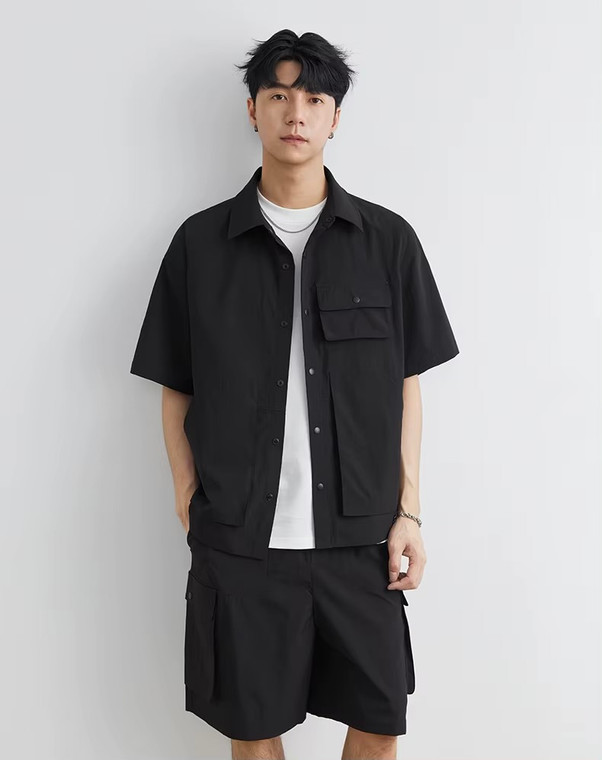 Men’s man mens petite-, tall-, plus-, size Loose Casual Short Sleeves Shorts 2 Piece Sets Suits Cityboy wfh office workwear Streetwear Fashion Daily Commute Cargo Shirt Top Shirts in black