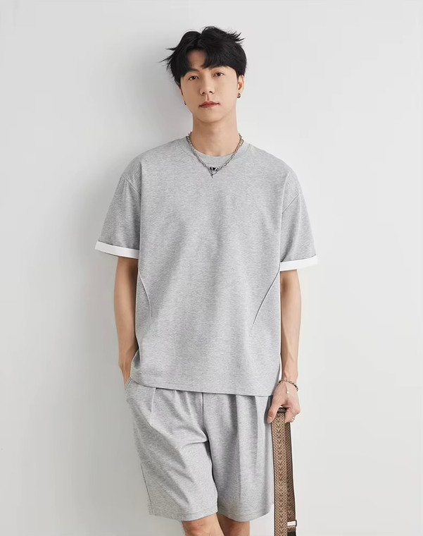 Men’s man mens petite-, tall-, plus-, size Heavyweight 220g Contrast Color Rolled Edge T-Shirt Set Summer Loose Minimalist Commute Short half Sleeves T-Shirt drawcord drawstring elasticated mid-rise waist Shorts set Tracksuit Cotton-blend Commute Fashion fitness sportswear T-Shirts Top Shorts in Light Gray grey