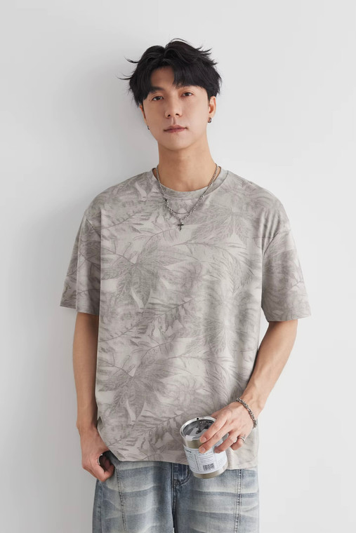 Men’s man mens petite-, tall-, plus-, size Gradient Leaf Print graphic Summer Loose Crew Neck Trendy Versatile Commute wfh office workwear Short Sleeves crewneck T-Shirt Tops T-Shirts in Gray grey