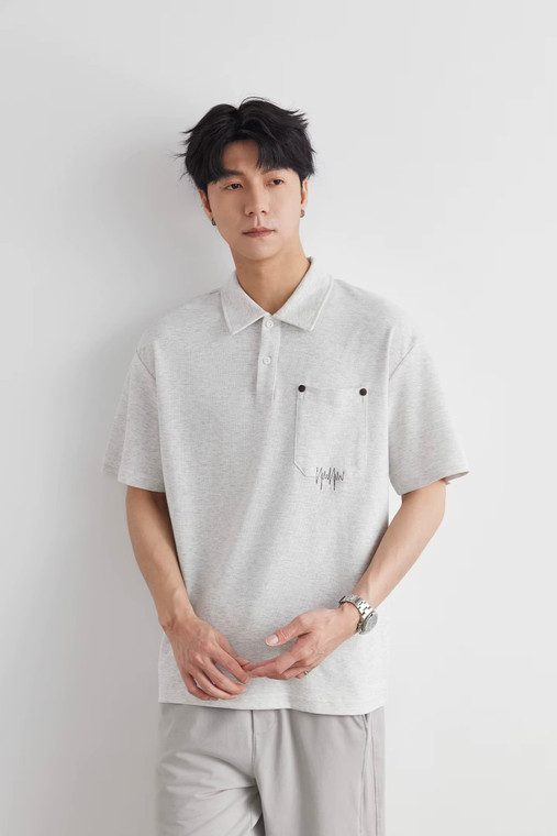 Men’s man mens petite-, tall-, plus-, size Pocket Button Decor graphic heart pulse Summer Turn-down collar Short half sleeves with Drop Shoulder Commute Versatile Knit Single chest Pocket Daily Commute Polo Shirt Tee Top T-Shirts in light Gray grey