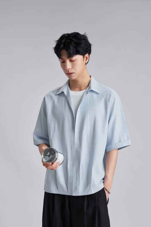 Men’s man mens petite-, tall-, plus-, size Lyocell cotton Fake Two-Piece Summer Raglan Lapel Retro Casual Commuter Short half Sleeves with Drop Shoulder V-neck Commute Versatile Knit Commute Pullover Shirt Top Shirts in light blue