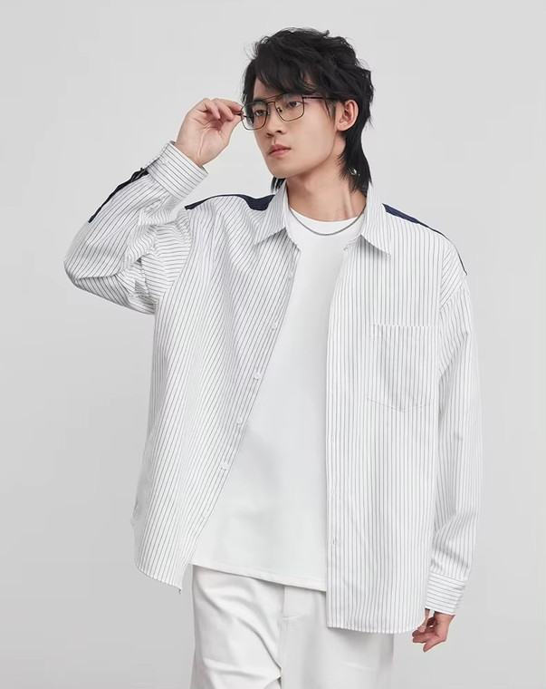 Men’s man mens petite-, tall-, plus-, size Patchwork Striped Lapel Shirt Spring, Summer And Fall Autumn American Trendy stripes Loose Long-sleeves patch pocket at chest turn-down collar striped Shirt Top Shirts in white with blue