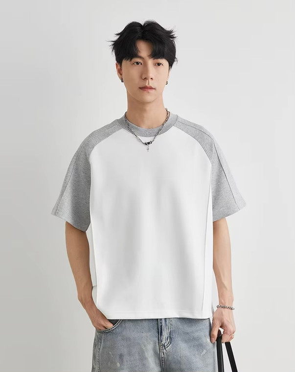 Men’s man mens petite-, tall-, plus-, size patchwork Color Block short half Raglan rib Sleeve Summer Textured Loose Casual Versatile City Boy Style T-Shirt Top T-Shirts in white, with light Gray grey