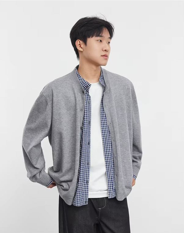 Men’s man mens petite-, tall-, plus-, size fake Two-piece Striped Splicing long sleeves button-up close checkered plaid Cardigan Knitted Jacket Spring Summer Fall and Autumn Korean College sweater mandarin collar shirt Tops Jacket Top cardigans in light Gray grey, with blue and white checks