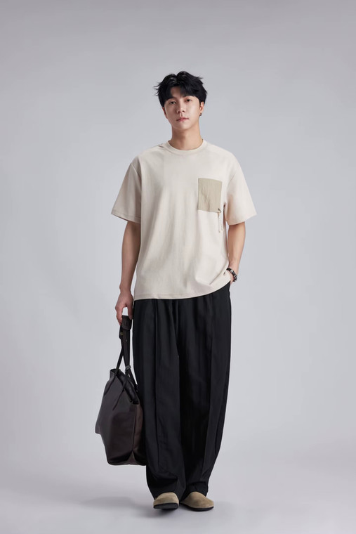 Men’s man mens petite-, tall-, plus-, size Color Block Wave hole hook latch chest Pocket Tee Textured Fabric Loose Drop Shoulder Breathable Casual Short half Sleeves crewneck round O-neck T-Shirt Tops T-Shirts in apricot