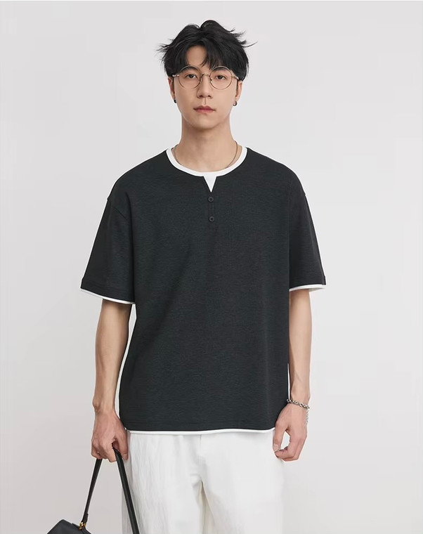 Men’s man mens petite-, tall-, plus-, size Fake Two-piece Retro Mandarin collar crewneck Henry Collar Knitted Short-sleeves Summer T-shirt American Solid Color round O-neck Casual Pullover T-Shirt Tops T-Shirts in black with white