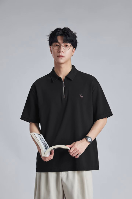 Men’s man mens petite-, tall-, plus-, size Minimalist Stag Deer Logo Embroidered Polo Shirt Summer Loose Half Zip Casual Commuter Short half Sleeve Daily Commute wfh workwear Polo Shirt Tee Top T-Shirts in black with white accent color