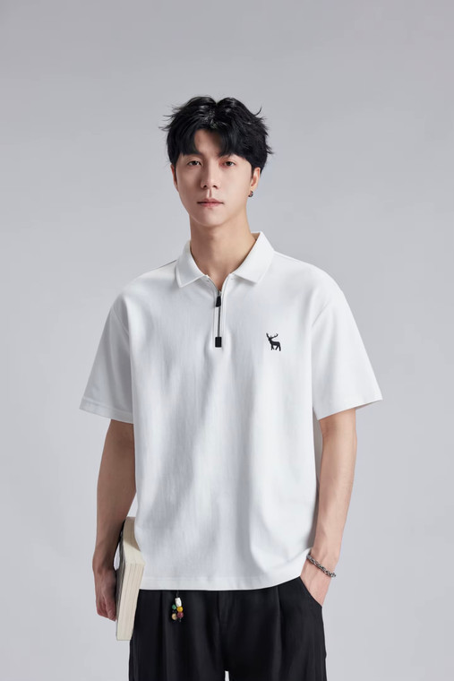Men’s man mens petite-, tall-, plus-, size Minimalist Stag Deer Logo Embroidered Polo Shirt Summer Loose Half Zip Casual Commuter Short half Sleeve Daily Commute wfh workwear Polo Shirt Tee Top T-Shirts in white with black accent color