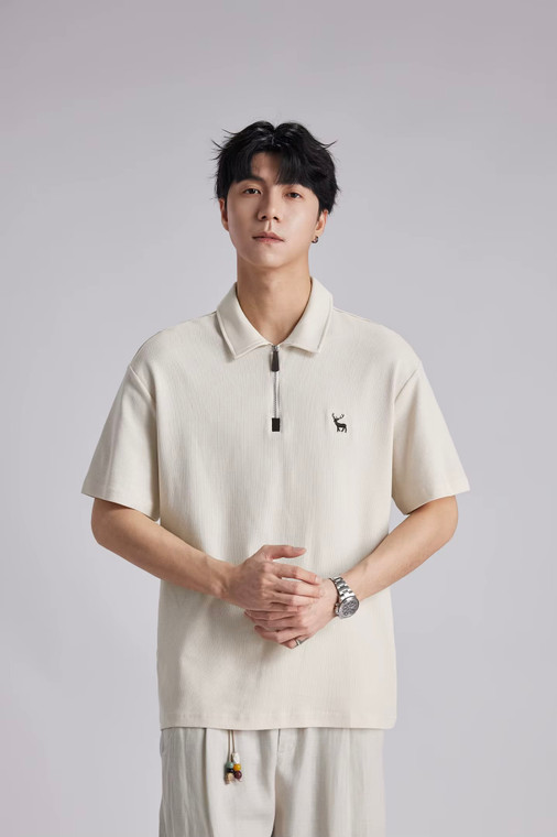 Men’s man mens petite-, tall-, plus-, size Minimalist Stag Deer Logo Embroidered Polo Shirt Summer Loose Half Zip Casual Commuter Short half Sleeve Daily Commute wfh workwear Polo Shirt Tee Top T-Shirts in apricot with brown accent color