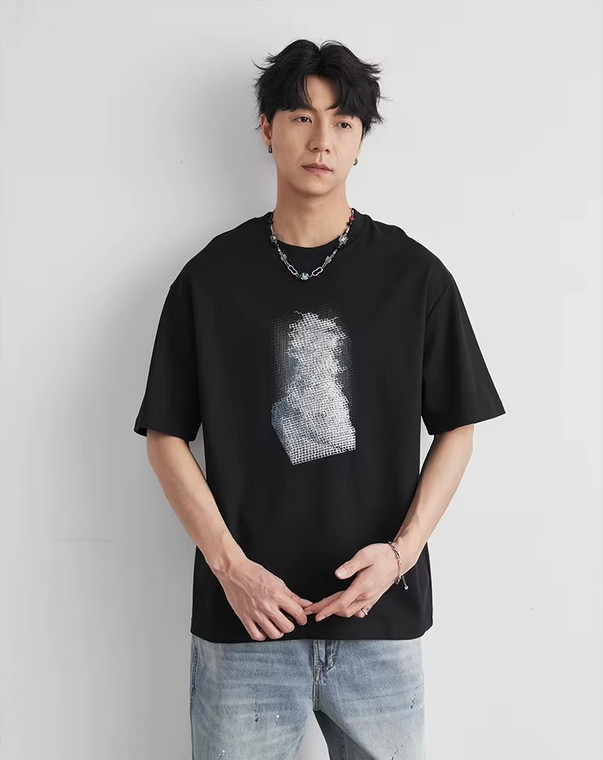 Men’s man mens petite-, tall-, plus-, size Heavyweight 220g Cotton Gradient Grid crewneck, Summer Crew Neck Loose Street Fashion Breathable Short Sleeves round O-neck Casual Pullover T-Shirt Tops T-Shirts in black with white multi accent color