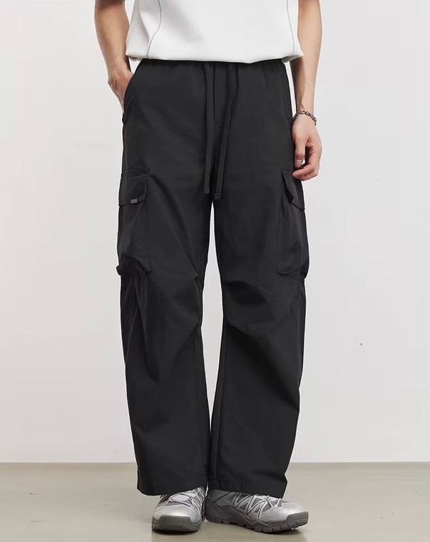 Men’s man mens petite-, tall-, plus-, size Straight Loose American Youth Casual Straight Fashion Sports Thin Style S-3XL Mid-rise Wide-leg Pants Breathable Thin Trousers in black
