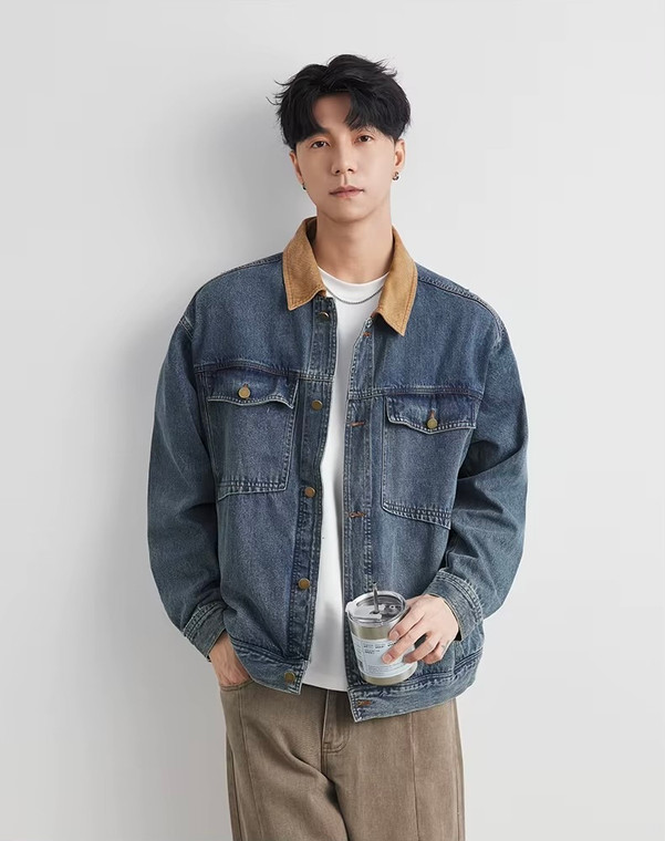 Men’s man mens petite-, tall-, plus-, size Spring Summer Fall Autumn American Vintage Casual Slim Fit Workwear Distressed Old Washed Jeans cotton denim Jacket Tops Outerwear outdoor camping Outwear Jackets in blue with tan accent color