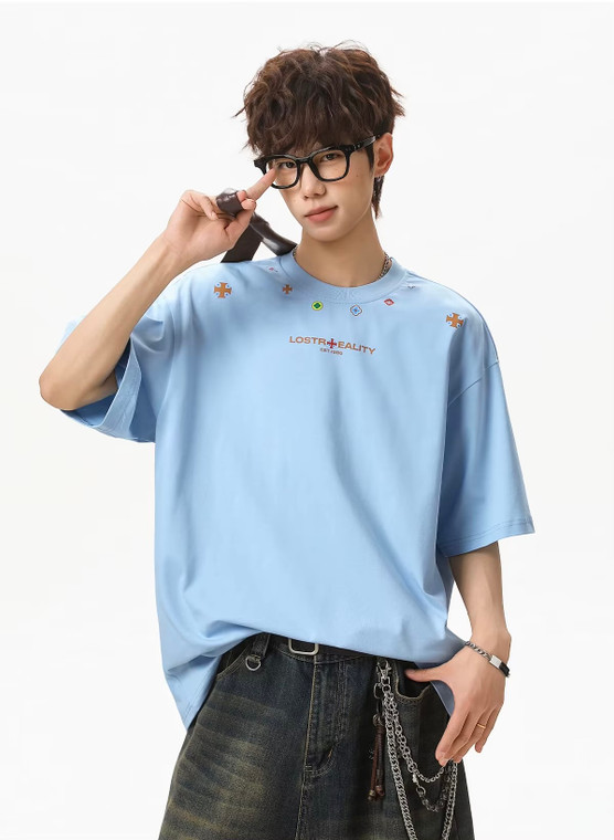 Men’s man mens petite-, tall-, plus-, size Ethnic American National style printed texture pure cotton short half sleeves with drop shoulder summer vacation holiday getaway basic loose round crewneck O-neck Casual Pullover crew neck T-Shirt Tops T-Shirts in light Cambridge blue with multi accent color