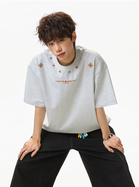 Men’s man mens petite-, tall-, plus-, size Ethnic American National style printed texture pure cotton short half sleeves with drop shoulder summer vacation holiday getaway basic loose round crewneck O-neck Casual Pullover crew neck T-Shirt Tops T-Shirts in light Gray grey with multi accent color