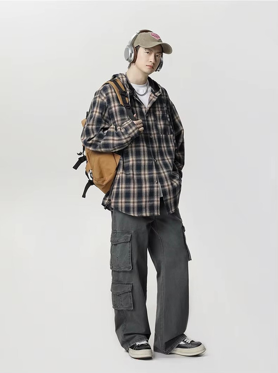 Men’s man mens petite-, tall-, plus-, size Retro patterned hooded long-sleeved shirt for men - spring/autumn new style - American casual loose-fit couple's Daily Commute wfh workwear hooded Shirt Jacket hoodie Shirts Tops in dark navy blue with khaki brown white accent color