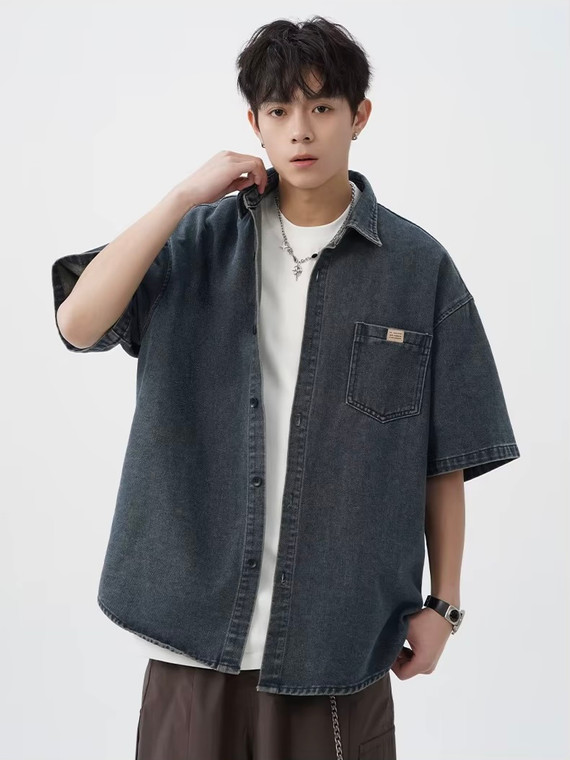 Men’s man mens petite-, tall-, plus-, size Vintage washed denim short-sleeves chest pocket  spring summer style, retro and loose-fit Japanese-style casual shirt Tops Shirts in dark blue