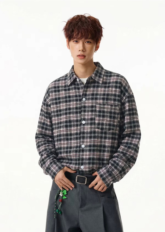 Men’s man mens petite-, tall-, plus-, size Vintage washed plaid turn-down collar long sleeves chest pocket checkered button close spring summer style, retro and loose-fit casual shirt Tops Shirts in black Gray grey