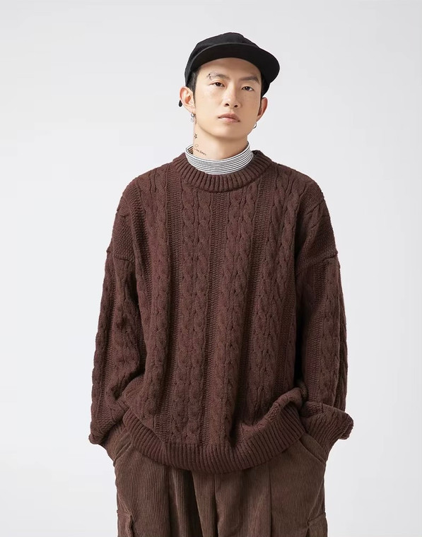 Women’s woman womens Men’s man mens Unisex Genflex Gender Neutral Genderfluid petite-, tall-, plus-, size vintage classic washed cable knit crewneck long sleeves with drop shoulder spring summer style, classic loose-fit casual round O-neck crew neck sweater Tops Sweaters in brown