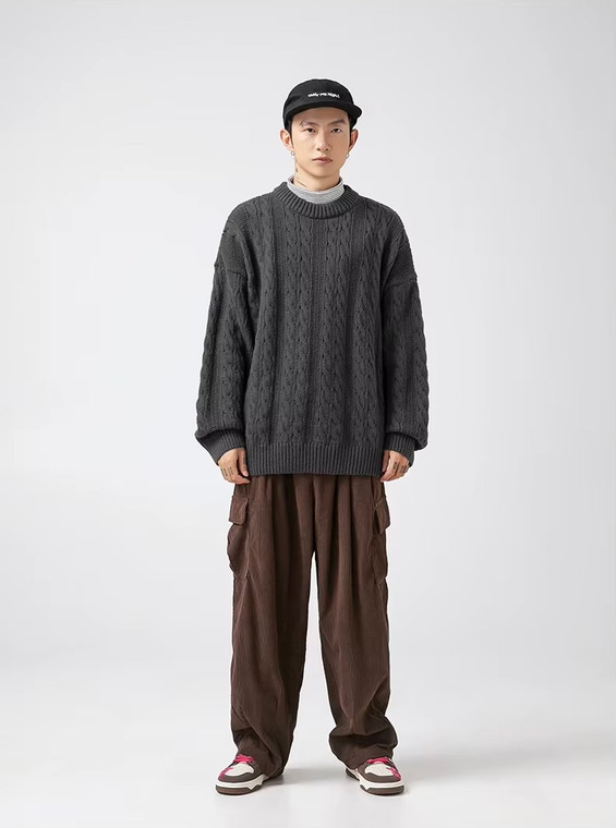 Women’s woman womens Men’s man mens Unisex Genflex Gender Neutral Genderfluid petite-, tall-, plus-, size vintage classic washed cable knit crewneck long sleeves with drop shoulder spring summer style, classic loose-fit casual round O-neck crew neck sweater Tops Sweaters in dark Gray grey