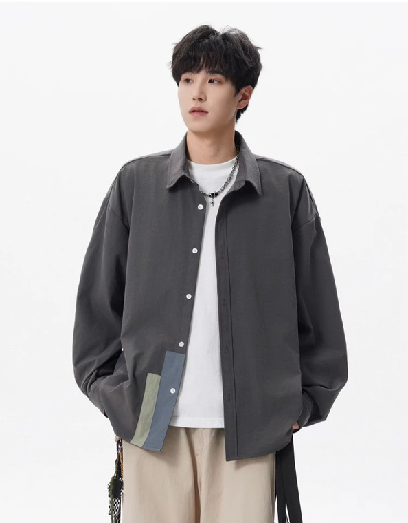 Men’s man mens petite-, tall-, plus-, size Trending Light Travel Streetwear Trendy Spring Summer Fall Autumn Turn-down collar patchwork long sleeves Easy Street Shirt Tops Shirts in dark Gray grey