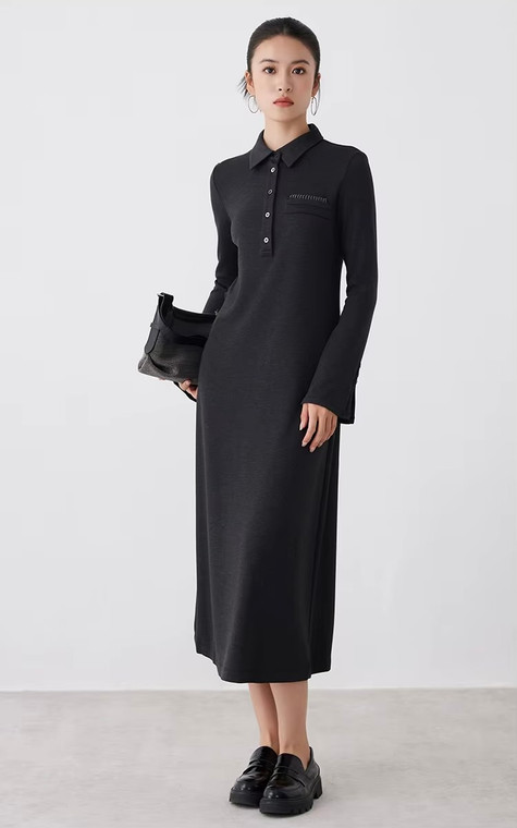 Women’s woman womens petite-, tall-, plus-, size Light Luxury High-Quality wool Blend spread collar half button-up slong sleeves elegant evening party wear Midi dress Dresses in graphite Gray grey