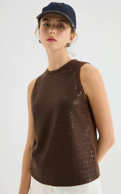 Women’s woman womens petite-, tall-, plus-, size Light Luxury High-Quality glittering Glitter sequined beads at front sleeveless crewneck round O-neck crew neck tank top evening party tops in coffee brown color