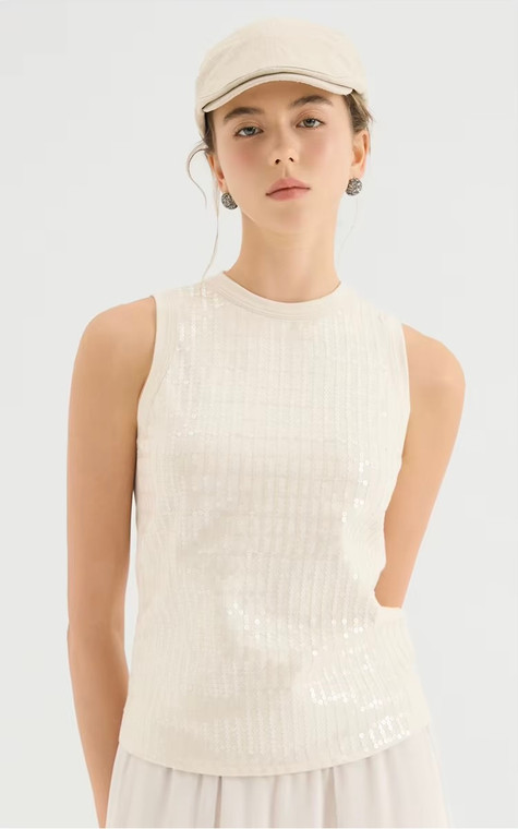 Women’s woman womens petite-, tall-, plus-, size Light Luxury High-Quality glittering Glitter sequined beads at front sleeveless crewneck round O-neck crew neck tank top evening party tops in coffee apricot white color