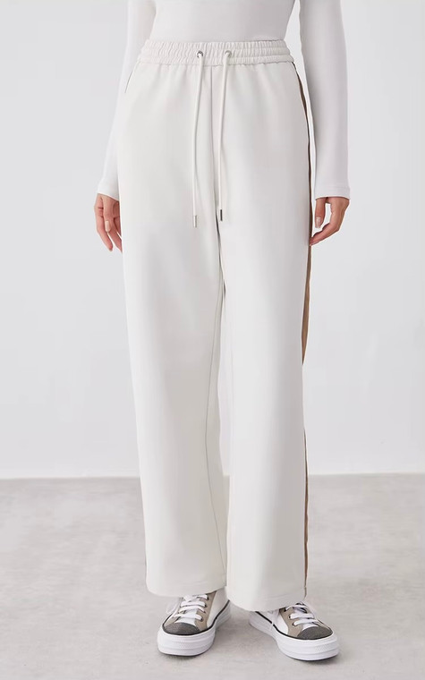 Women’s woman womens casual office workwear wfh commute petite-, tall-, plus-, size Straight Loose Youth mid-rise elastic waist wide-leg track Cargo Pants Breathable sweatpants Trousers in moonlight white with khaki beige trim color